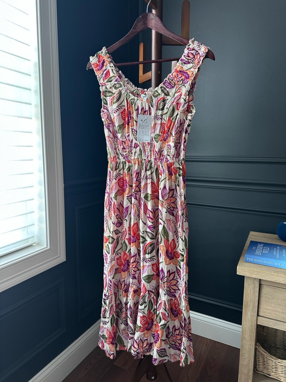 PATRONS OF PEACE Floral Smocked Midi Dress - Orange Pink & Green 100% Rayon-XS